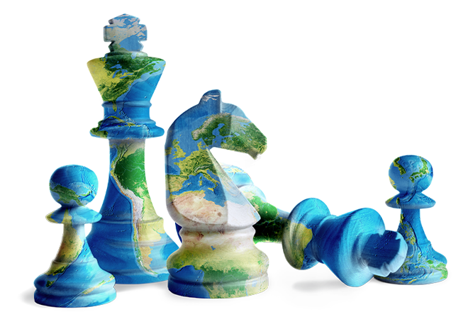 Chess pieces and globe
