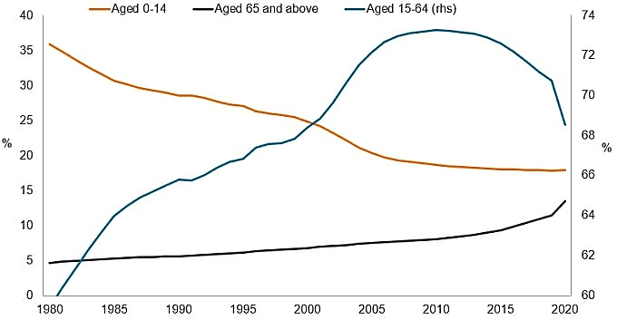 Chart 02: China's population by age range (% of population)