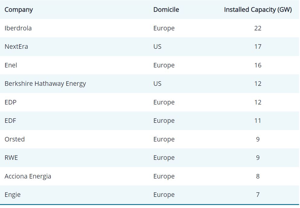 Top 10 Global Renewable Energy Companies (Solar and Wind, ex China)